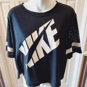 NIKE BLACK WITH WHITE LOGO WHITE STRIPE AROUND MESH SLEEVE CROP TOP SIZE L NWOT